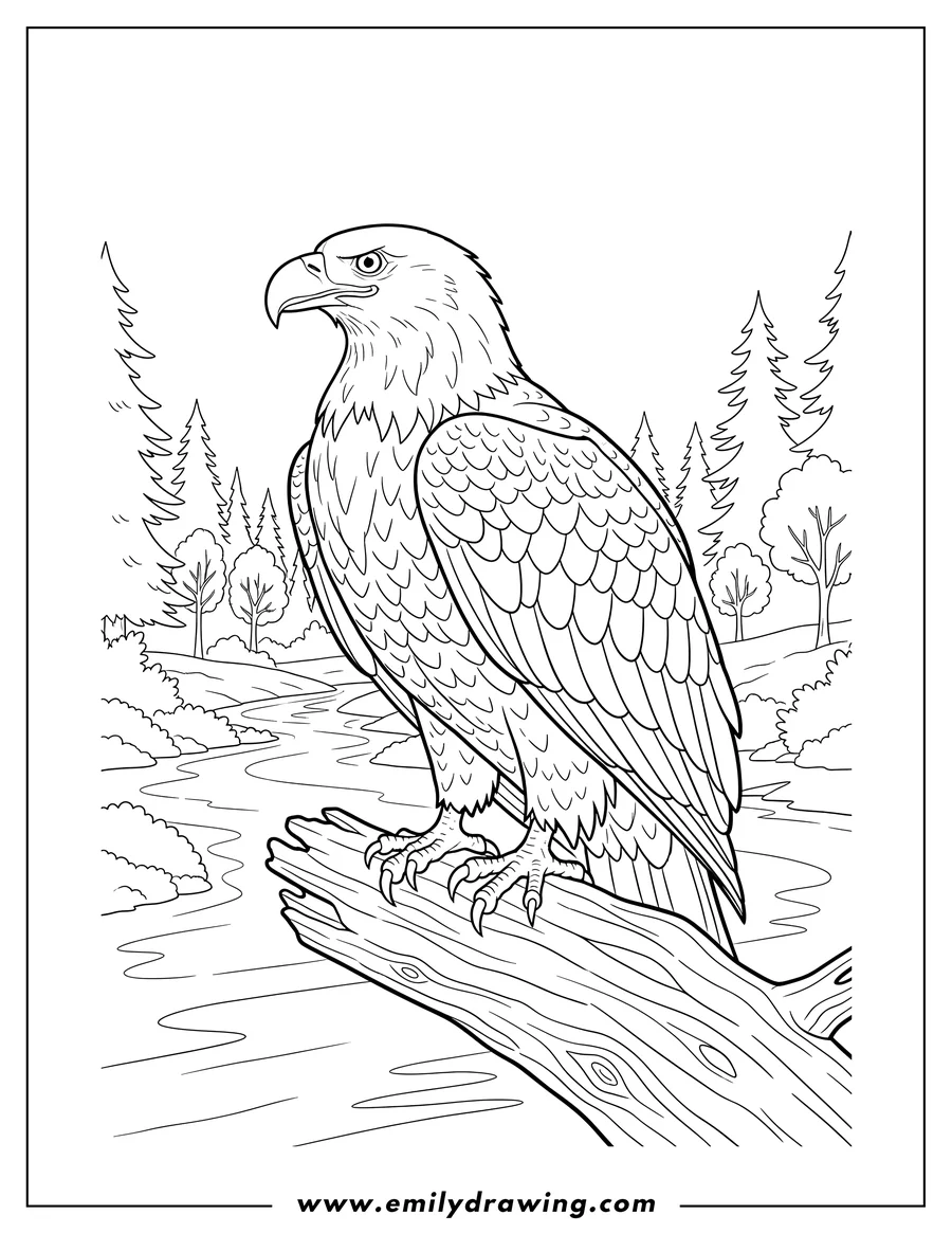 Free to print drawing of realistic Bald Eagle perched on a log, looking left, overlooking a river forest