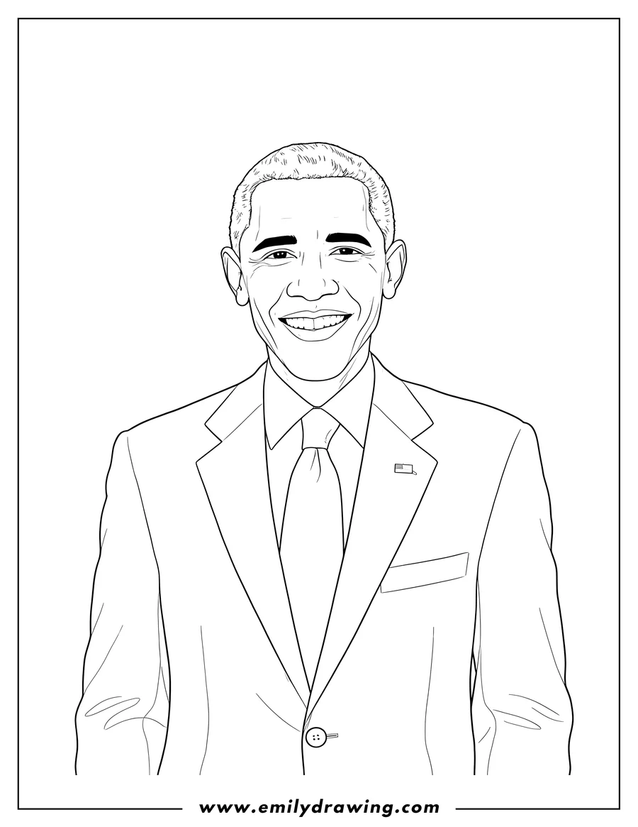 Outline drawing of barack Obama smiling in a suit and tie