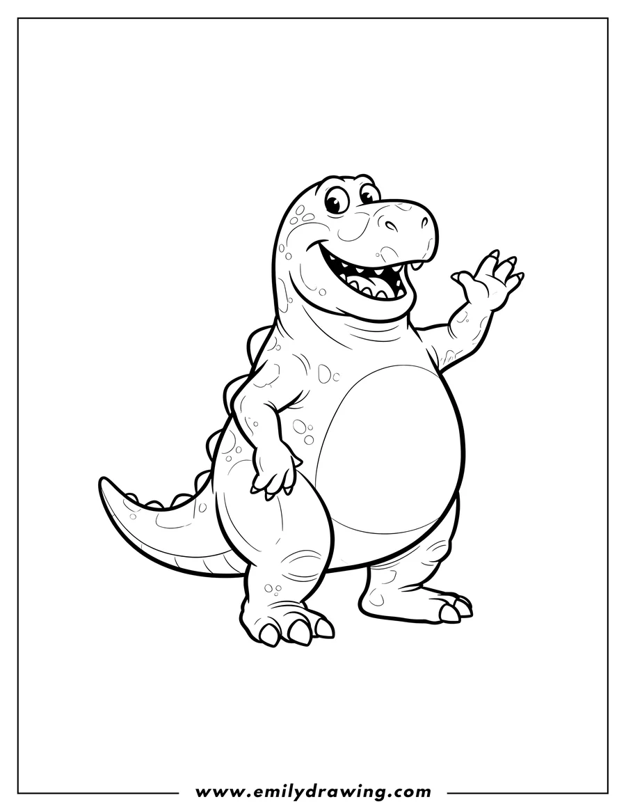 Doodle style coloring picture of realistic Barney, smiling and waving