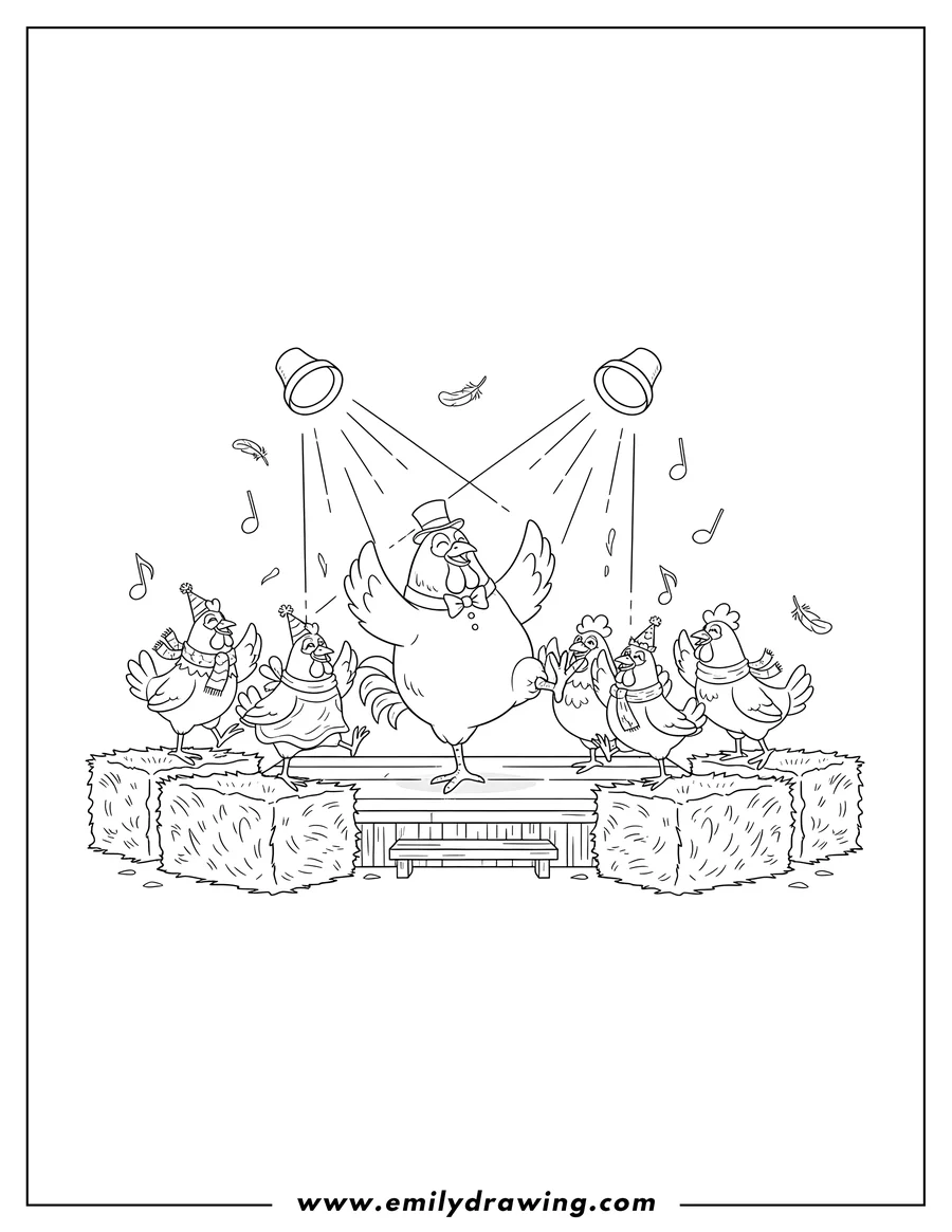 Linear illustration of barnyard Chicken Dance Party With Hay Bales, with chickens on a stage under spotlights