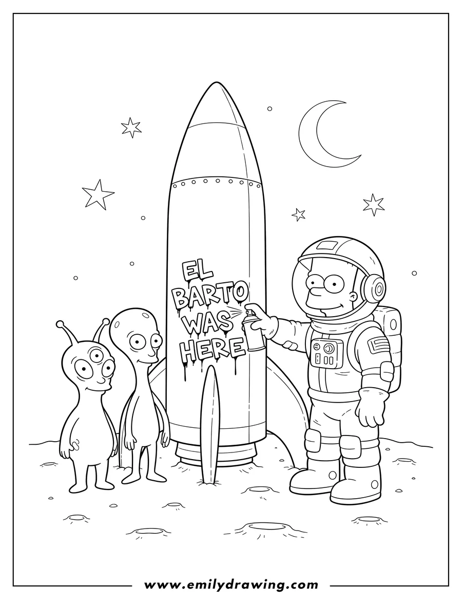 Printable coloring page of bart Simpson in an astronaut suit holding a spray can, next to a spaceship with EL BARTO WAS HERE graffiti and two aliens