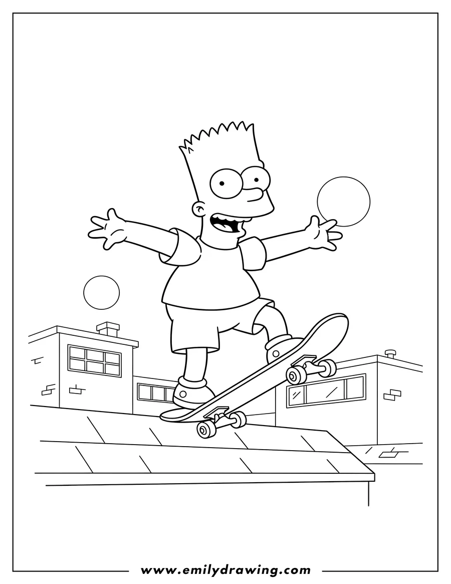 PDF style coloring page: bart Simpson on a skateboard, grinding on a roof ledge with an excited expression