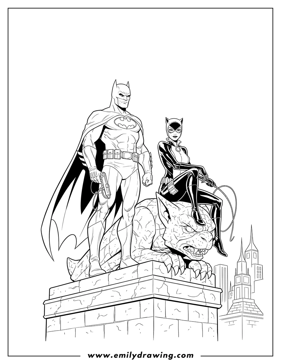 Free to print drawing of batman standing with Catwoman sitting on a large stone gargoyle