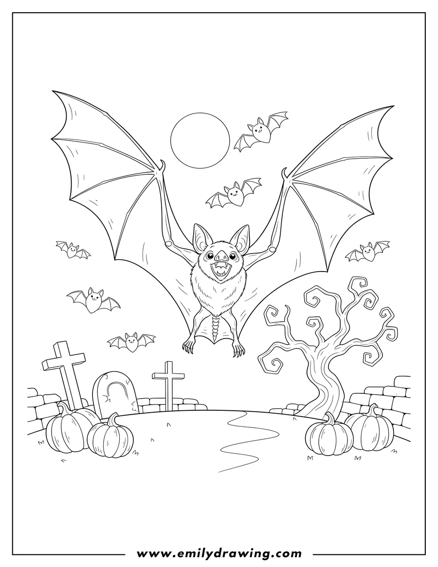 Downloadable coloring page of realistic Bats Flying Cemetery with a large bat flying downwards with its mouth open