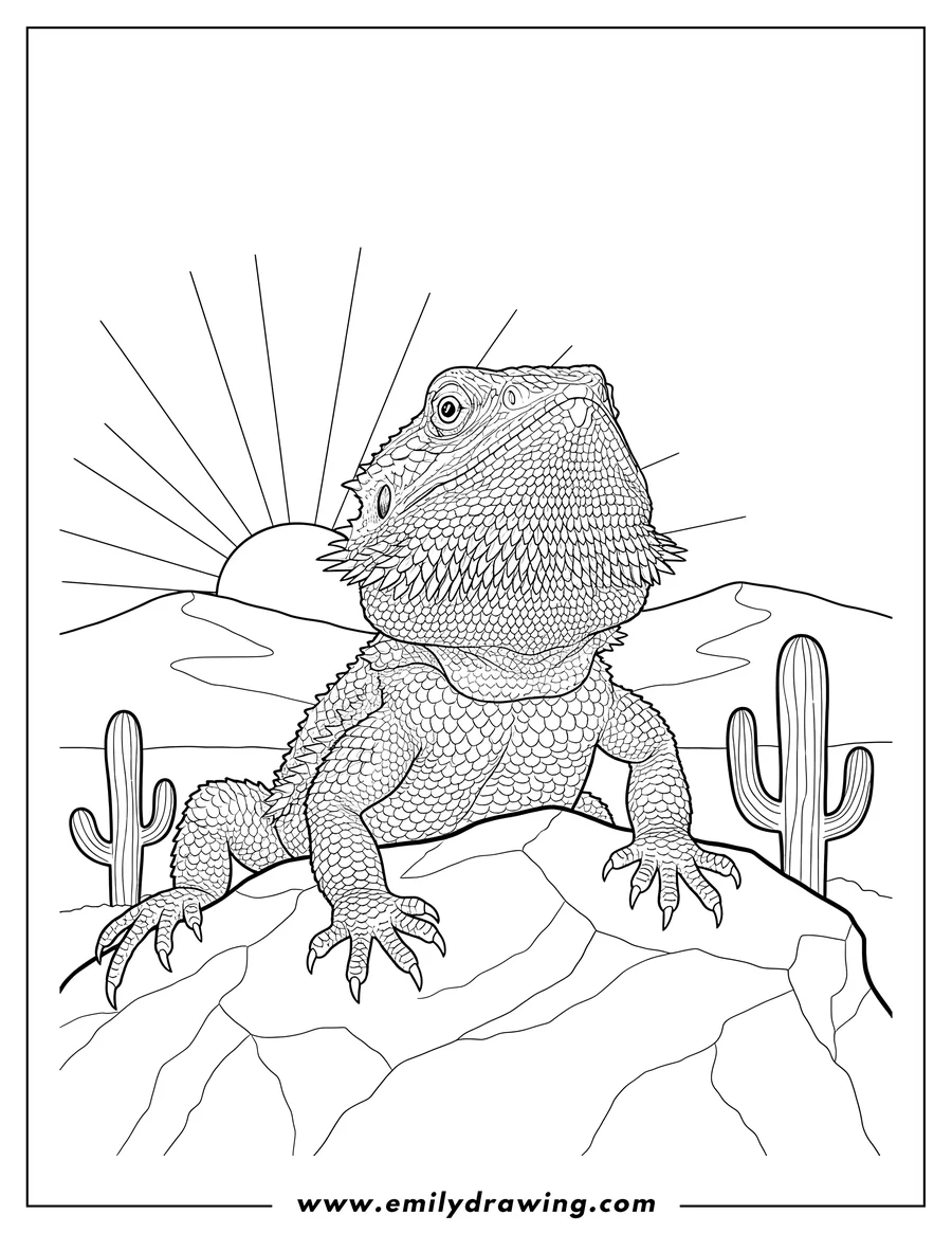 Printable line art of realistic Bearded Dragon perched on a rock, gazing upwards, in a desert at sunset