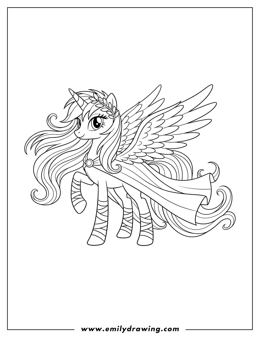 High quality printable beautiful Rainbow Dash Alicorn with long flowing mane and tail, wearing a cape, laurel wreath, and leg wraps for coloring