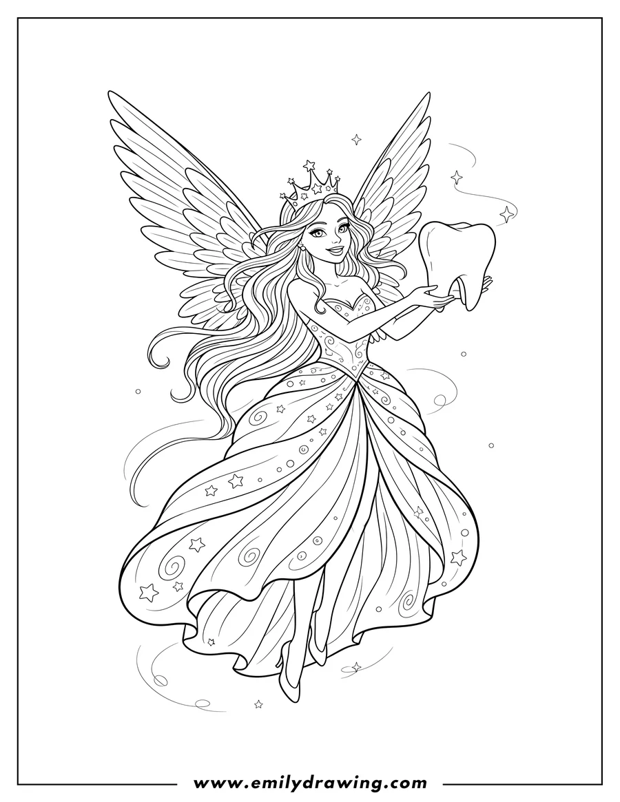 Coloring page of beautiful Tooth Fairy with a crown and wings, smiling and floating while holding a tooth