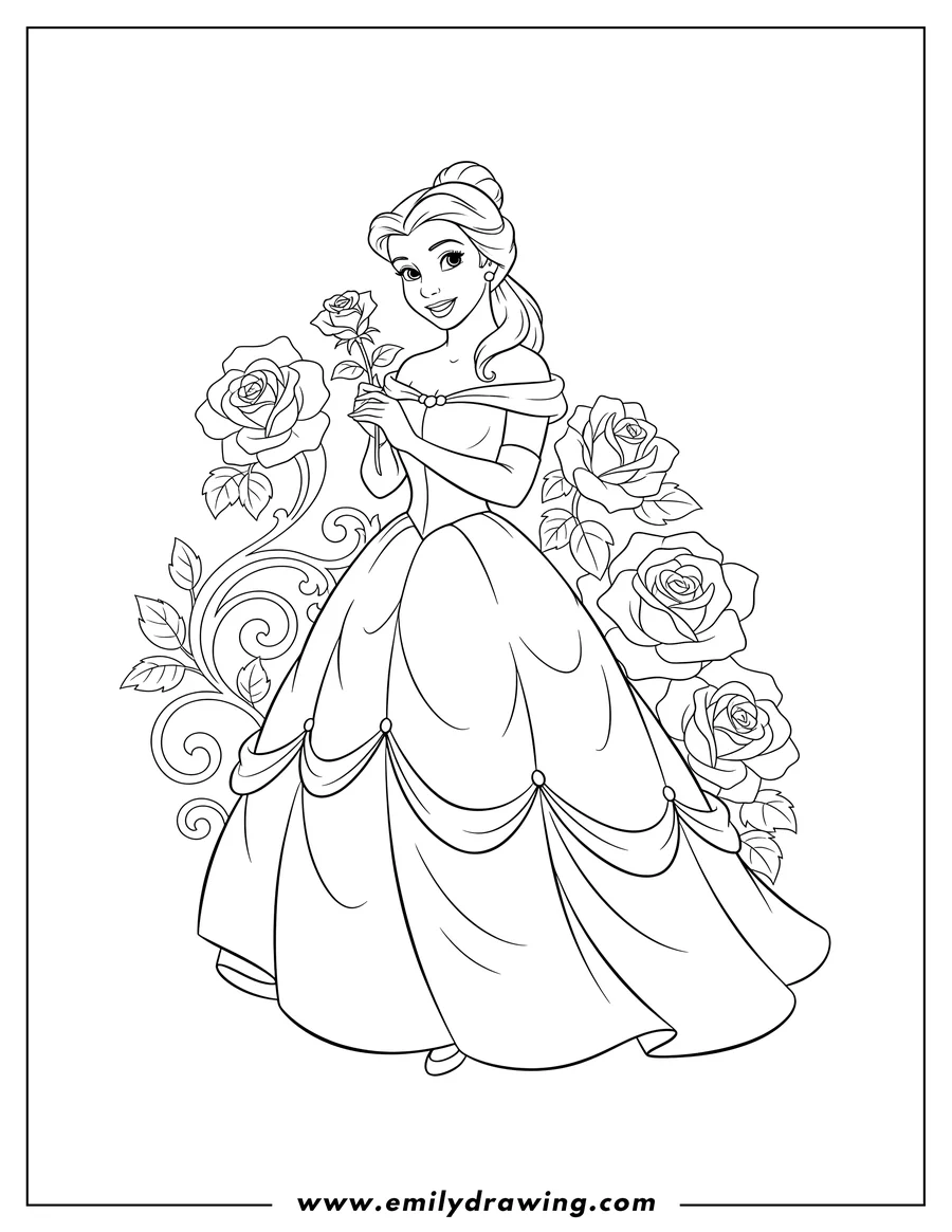 Simple sketch of belle Disney, holding a rose, wearing a ball gown to color
