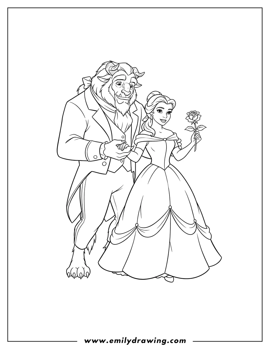 Free to print drawing of realistic Belle holding a rose and Beast
