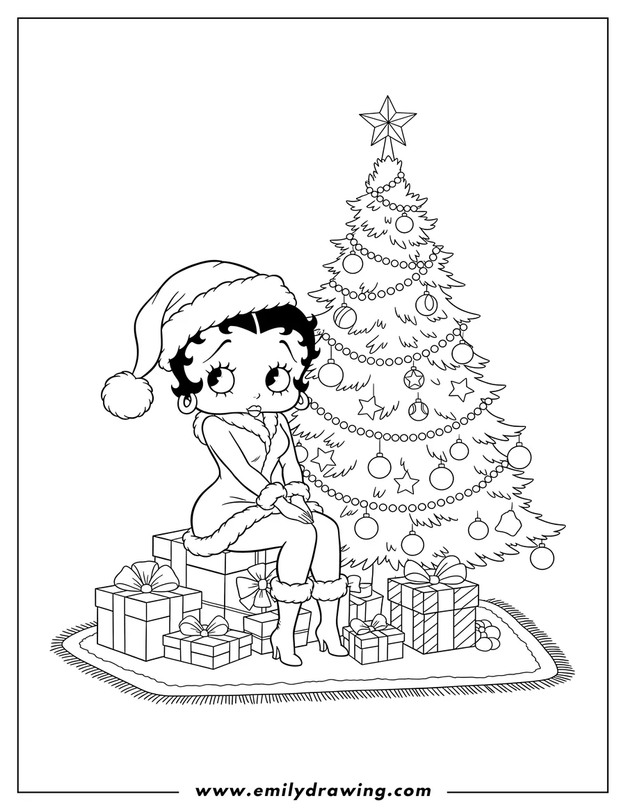 Clean line drawing: betty Boop wearing a Santa hat and sitting on Christmas presents beside a Christmas tree