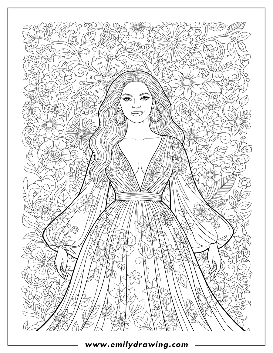 Full page coloring image of beyonce in a deep V-neck flowing gown with long wavy hair and hoop earrings, surrounded by floral pattern