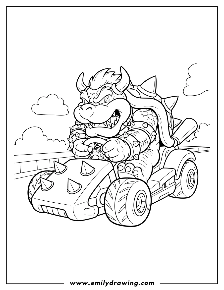 Downloadable coloring page of big Bowser Racing During Mario Kart, in his kart, with a fierce expression and hands gripping the steering wheel