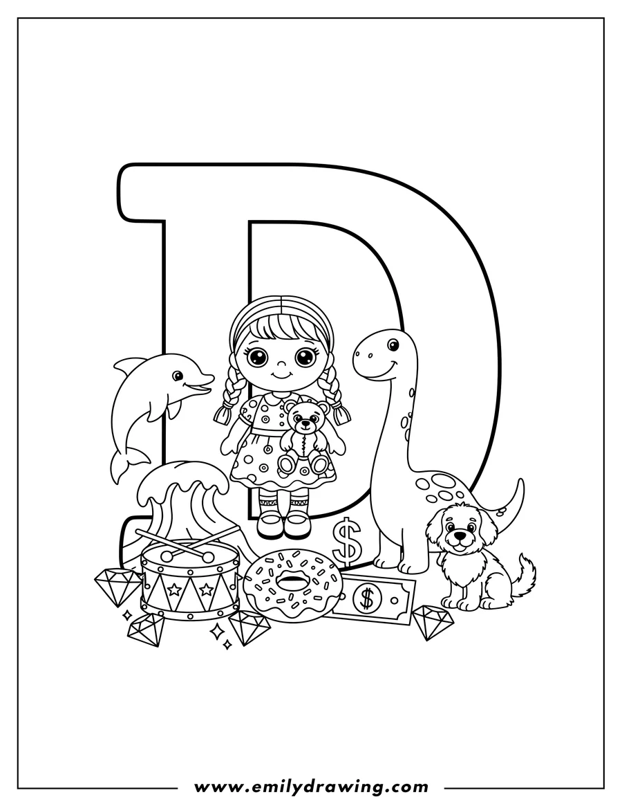 Printable coloring page of big outline letter D with a standing girl doll, a dolphin, a drum, diamonds, a donut, a dollar, a dinosaur, and a sitting dog
