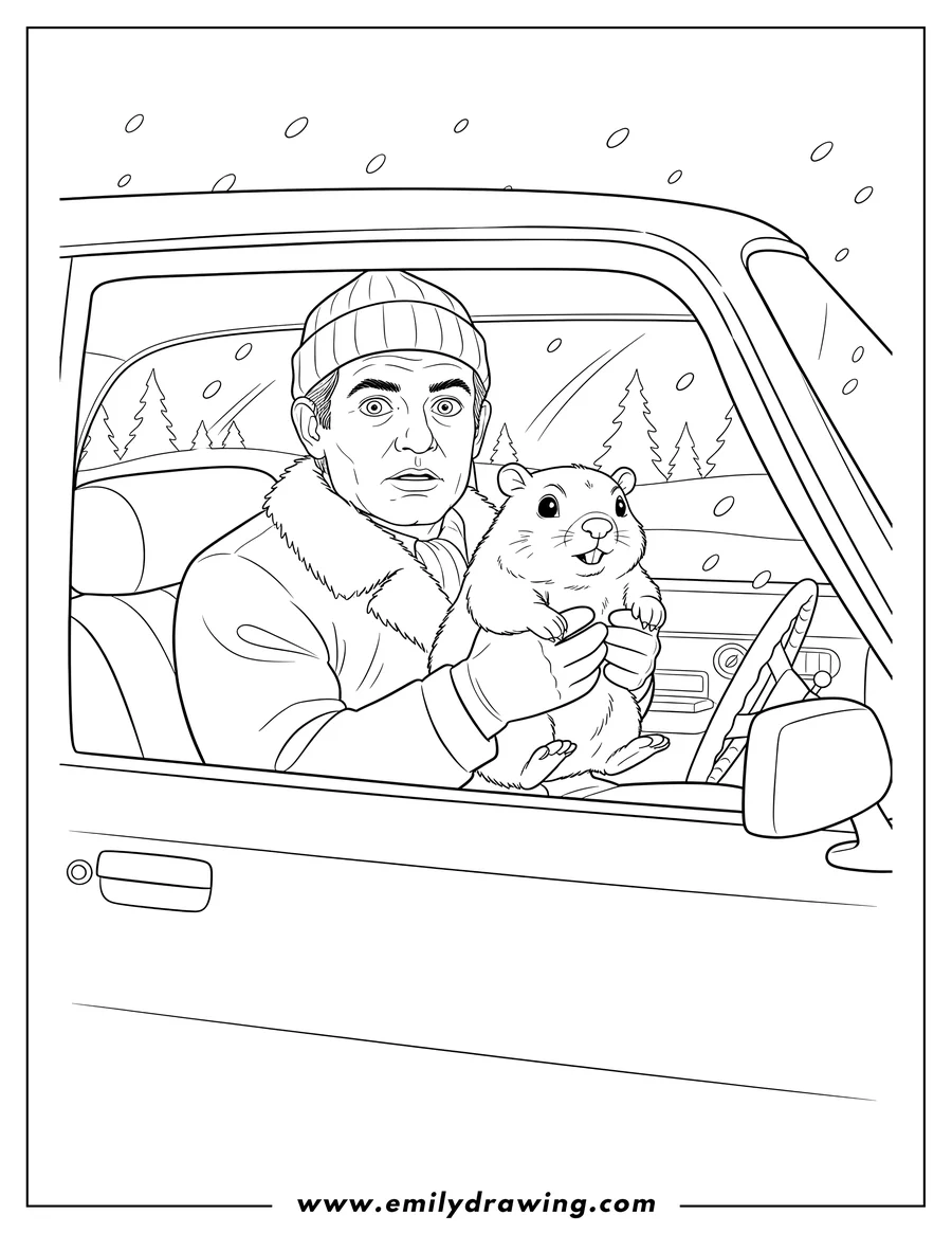 PDF style coloring page: bill Murray holding a groundhog in a car, from Groundhog Day