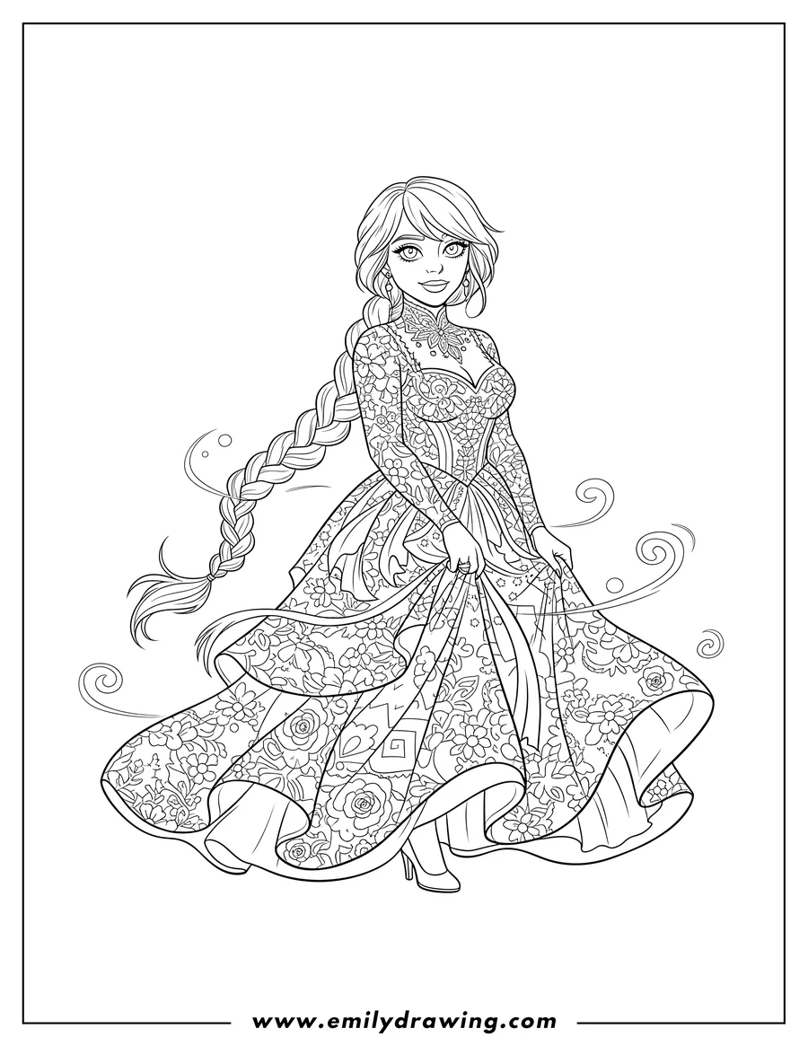 Free to print drawing of billie Eilish with a long braid, wearing a gothic lace gown with a flowing skirt