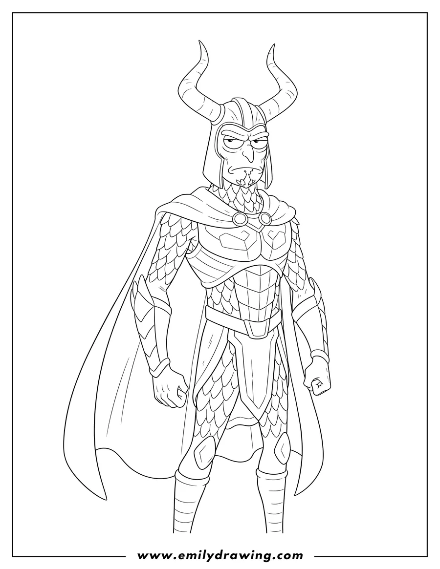 Printable line art of birdperson From Rick And Morty wearing a cape and horned helmet, standing with a stern expression, to color scaled