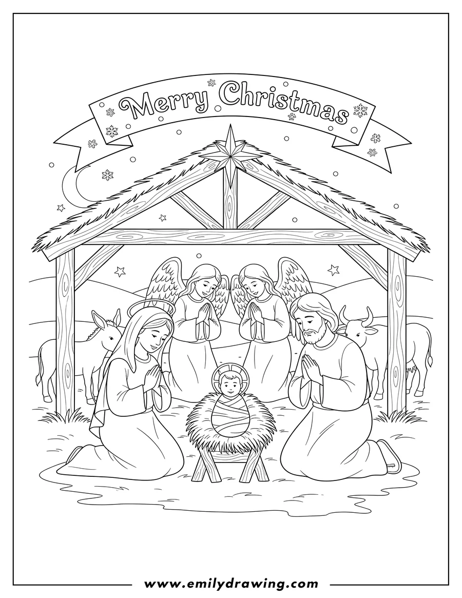 Coloring page for kids: birth of Jesus with Mary, Joseph, and angels praying, Merry Christmas Scaled