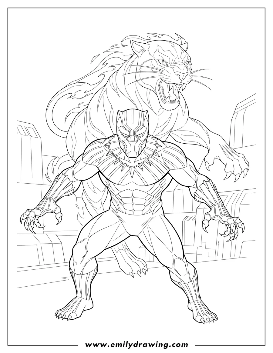 Printable line art of black Panther Scaled, with extended claws and a spirit panther looming behind him