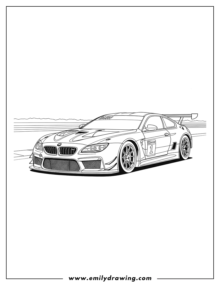 Black and white line art of realistic Bmw M6 Gt3 Racing car with race stripes and number 1