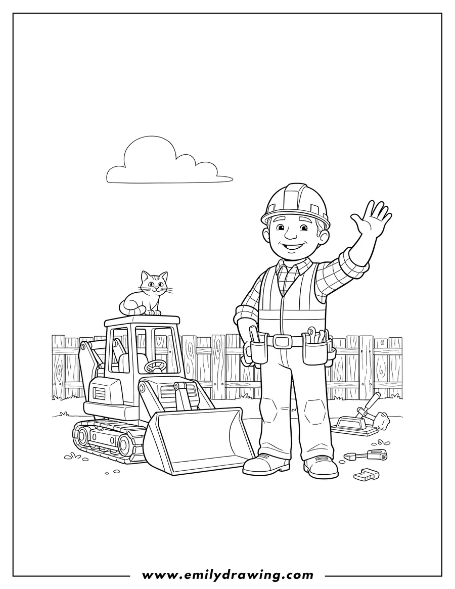 Printable line art of bob the Builder waving with Scoop and Pilchard