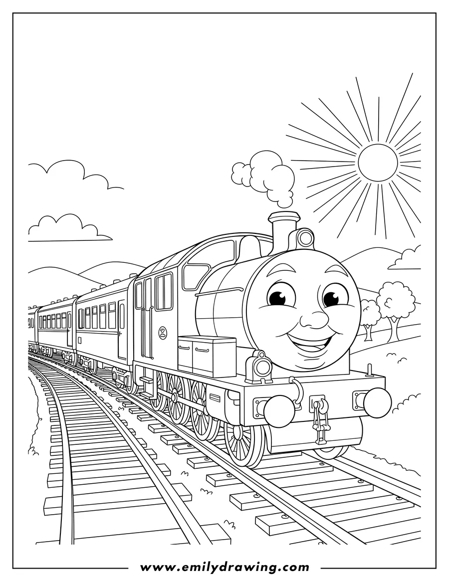 Printable line art of boco Train To Color Scaled, with a friendly smiling face, traveling on railway tracks