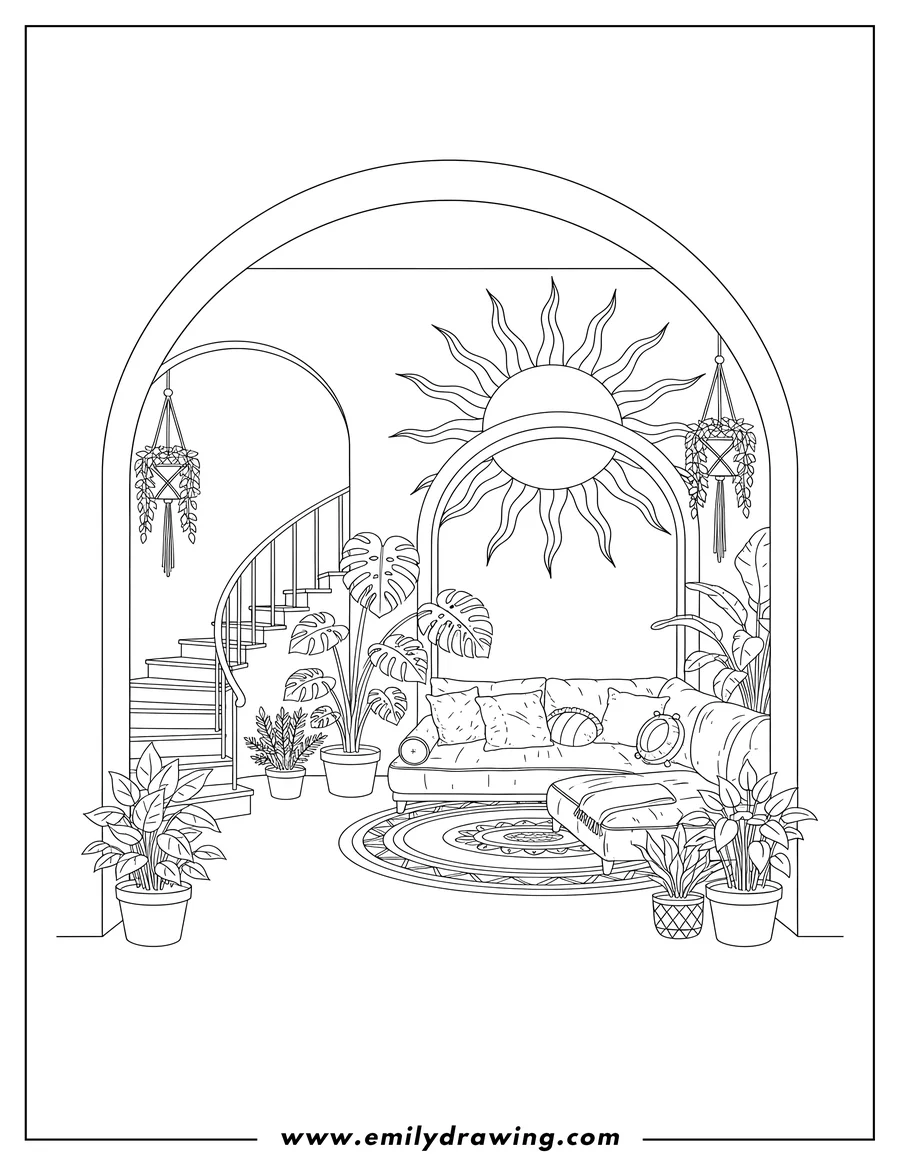 Printable coloring page of boho Living Room With Stairs, Plants, Arches, and a large Sun