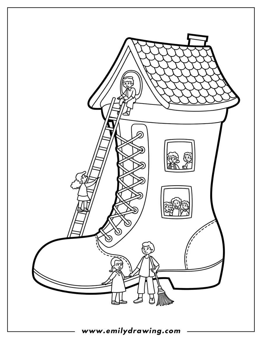 Black and white line art of boot House