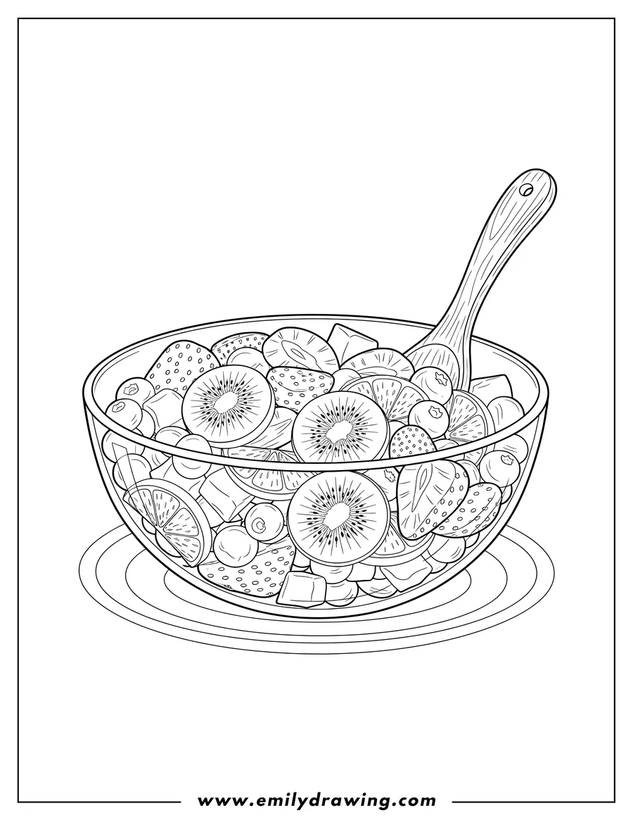 Coloring page of A bowl of colorful fruit salad with sliced strawberries, kiwi, and oranges