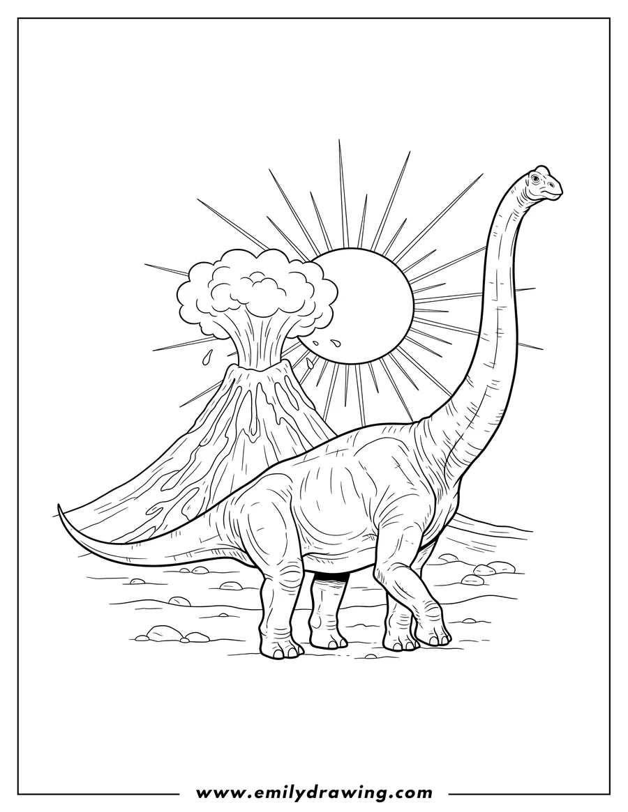 Free to print drawing of realistic Brachiosaurus walking with its long neck during a volcanic eruption, under a large sun