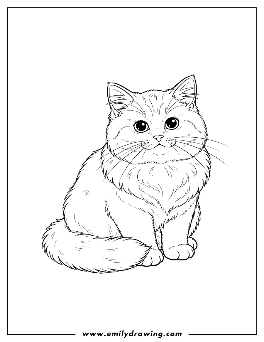 Coloring sheet featuring fluffy British Longhair Kitten sitting
