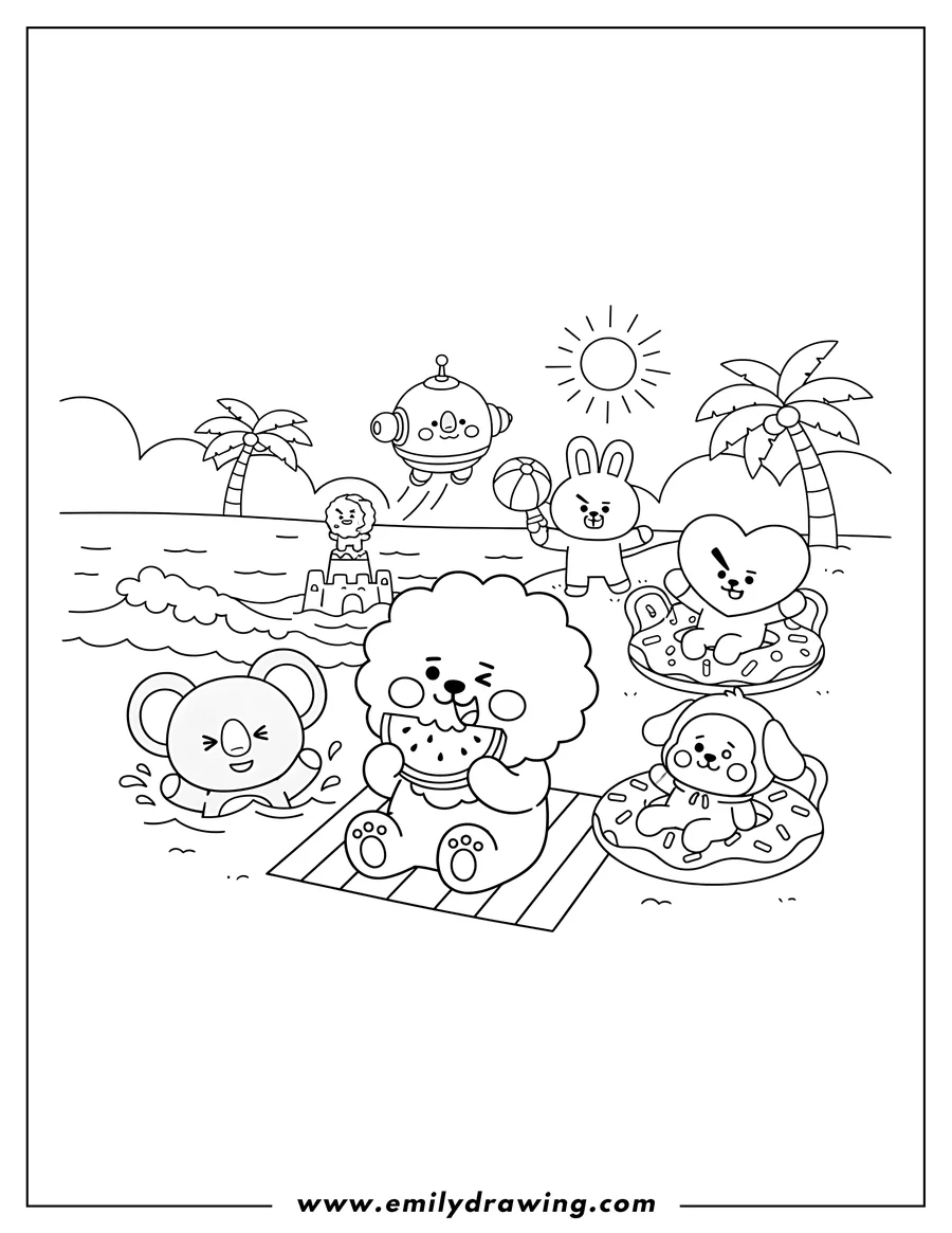 Doodle style coloring picture of bt21 Rj Tata Chimmy Cooky Koya Shooky Mang And Van At Beach, with RJ eating watermelon, Koya in the water, and Chimmy and Tata on floats
