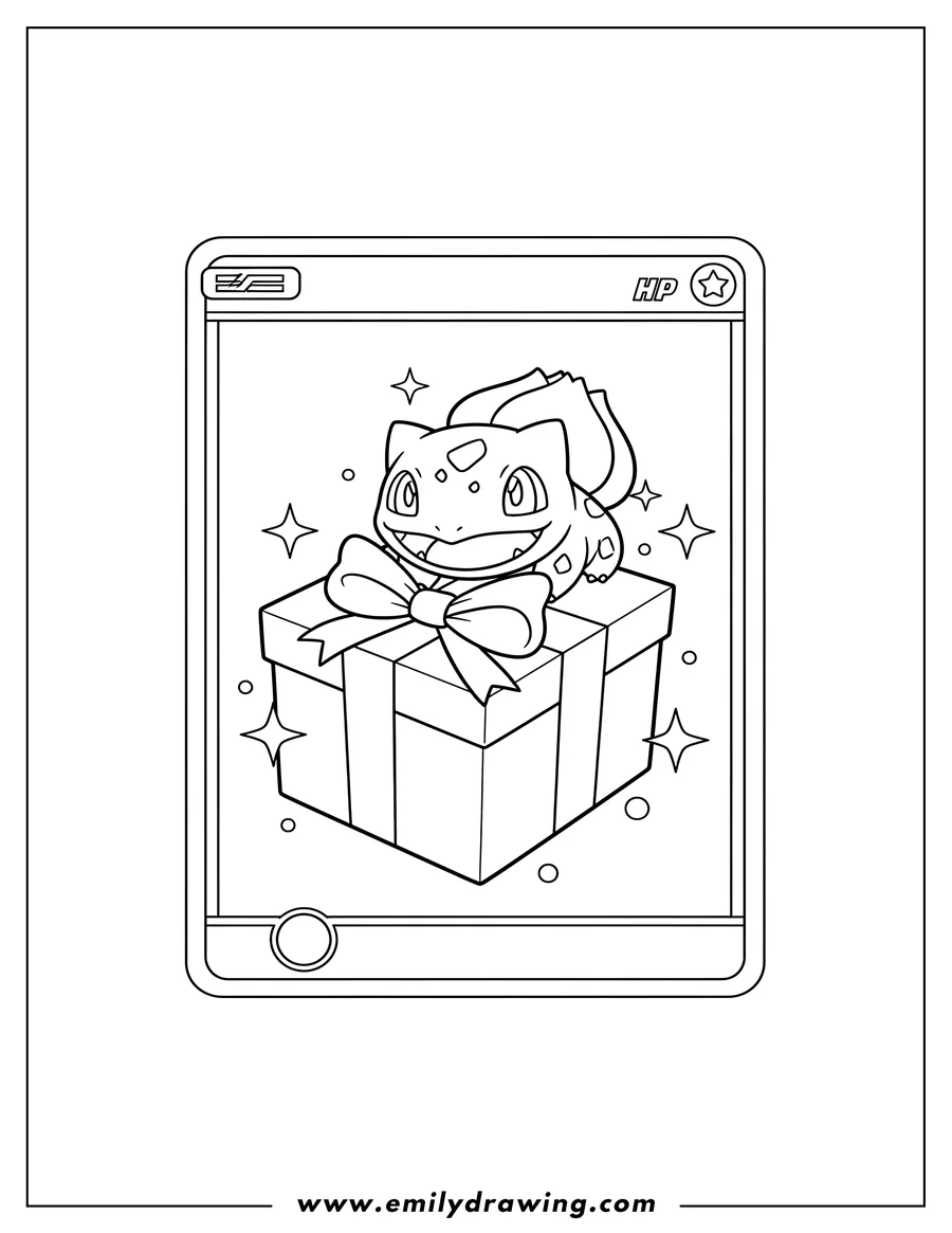 Black and white line art of smiling Bulbasaur peeking from behind a sparkling Christmas gift box on a Pokemon card