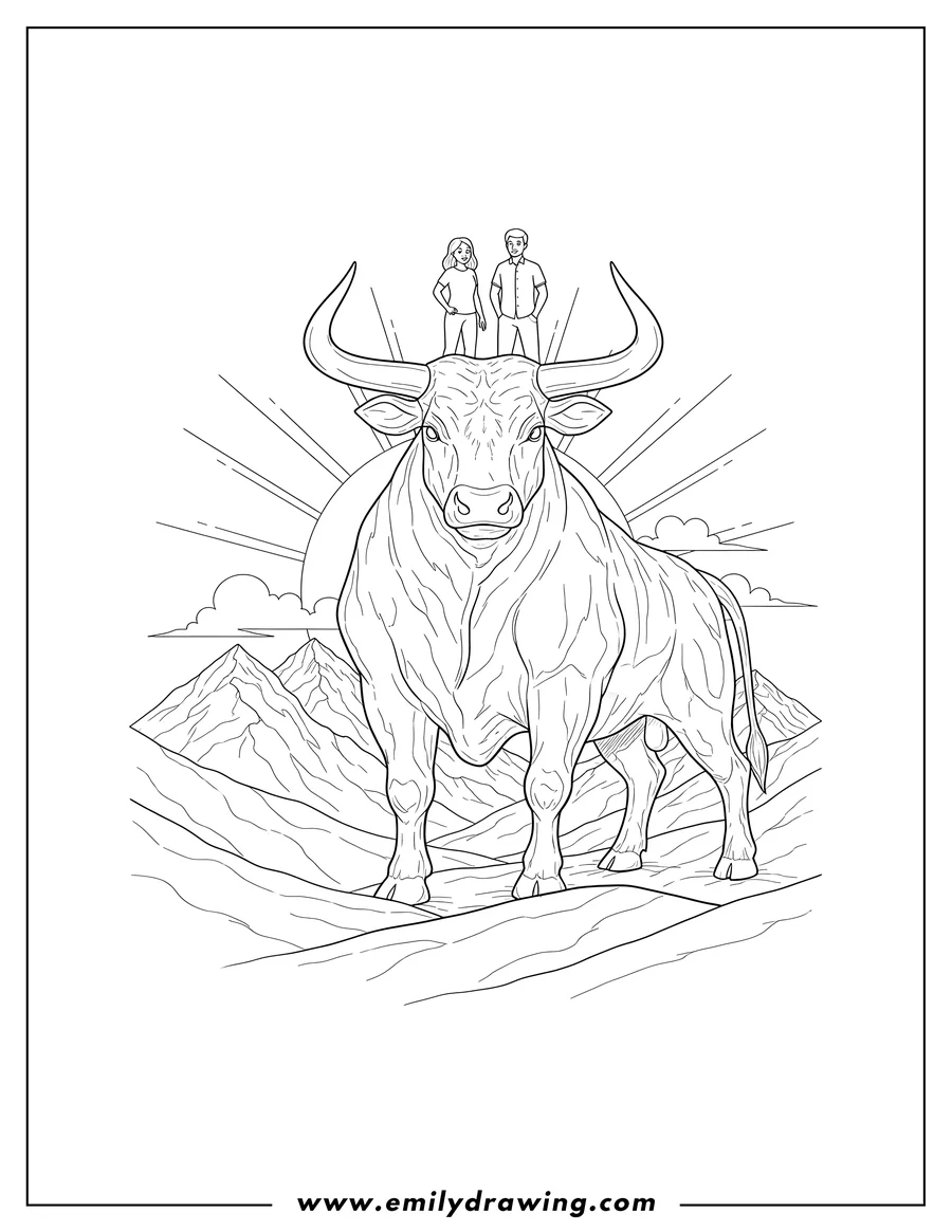 Clean line drawing: realistic Bull Mountain Terrain Adults, standing, looking forward, line art coloring page