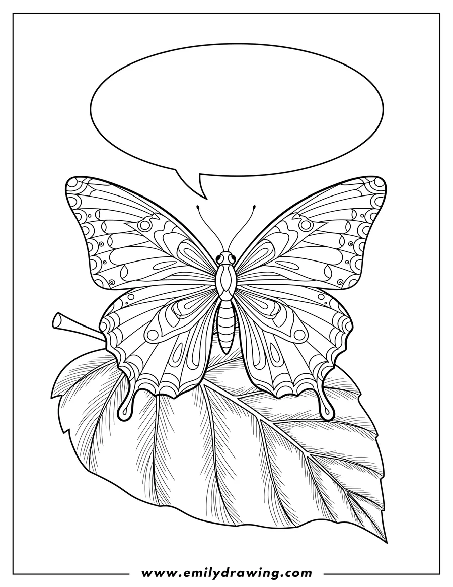 Full page coloring image of A realistic, patterned butterfly resting on a large leaf, with a speech bubble above it that reads 'YOU WILL FLY AGAIN.'