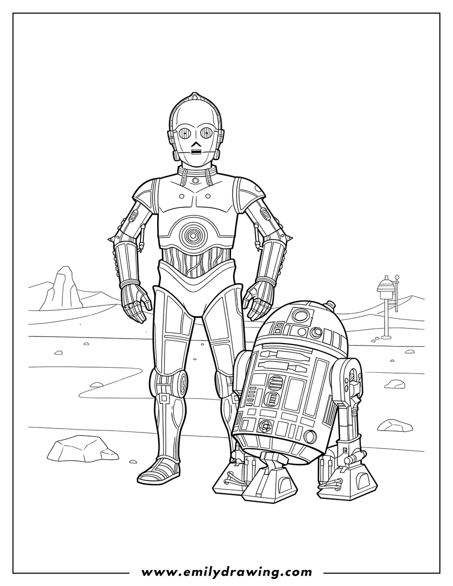 Downloadable coloring page of C-3PO standing with R2-D2
