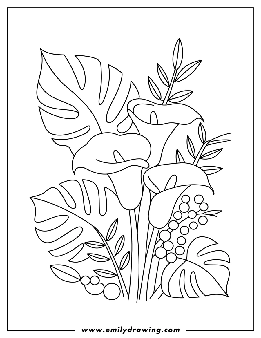Doodle style coloring picture of calla Lilies