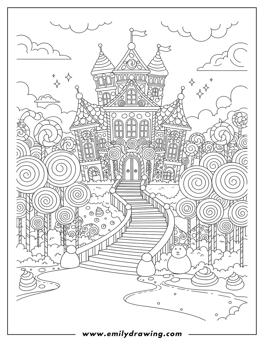 Clean line drawing: candy Land Manor with a candy staircase and a garden of lollipops and candy trees