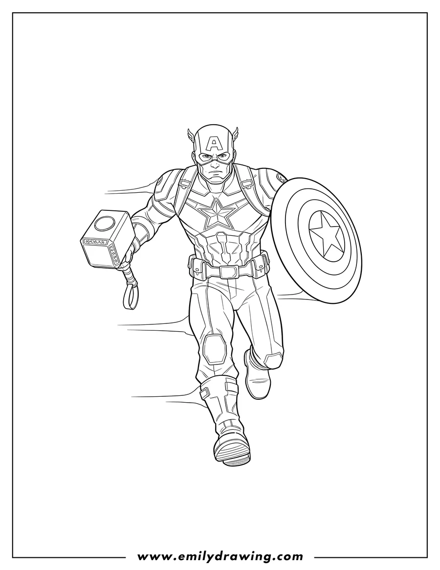 Outline drawing of [Scene]: Captain America Holding Thors Hammer and his Shield, Running