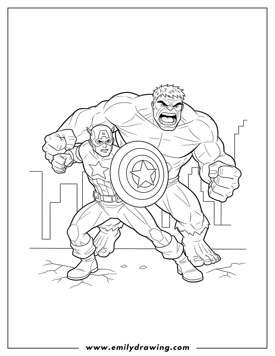 Free to print drawing of captain America with his shield and a roaring Hulk in battle