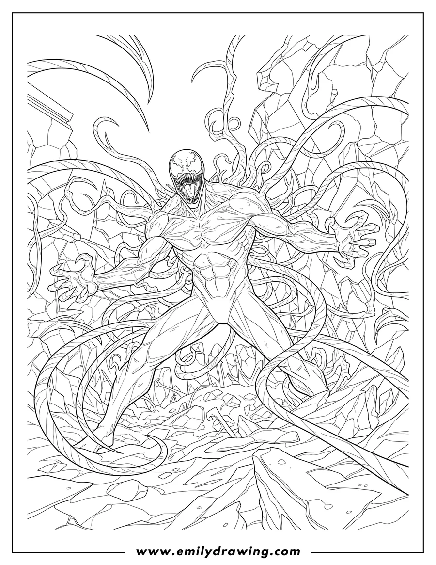 Printable line art of realistic Carnage Battle, with Carnage roaring and extending tendrils