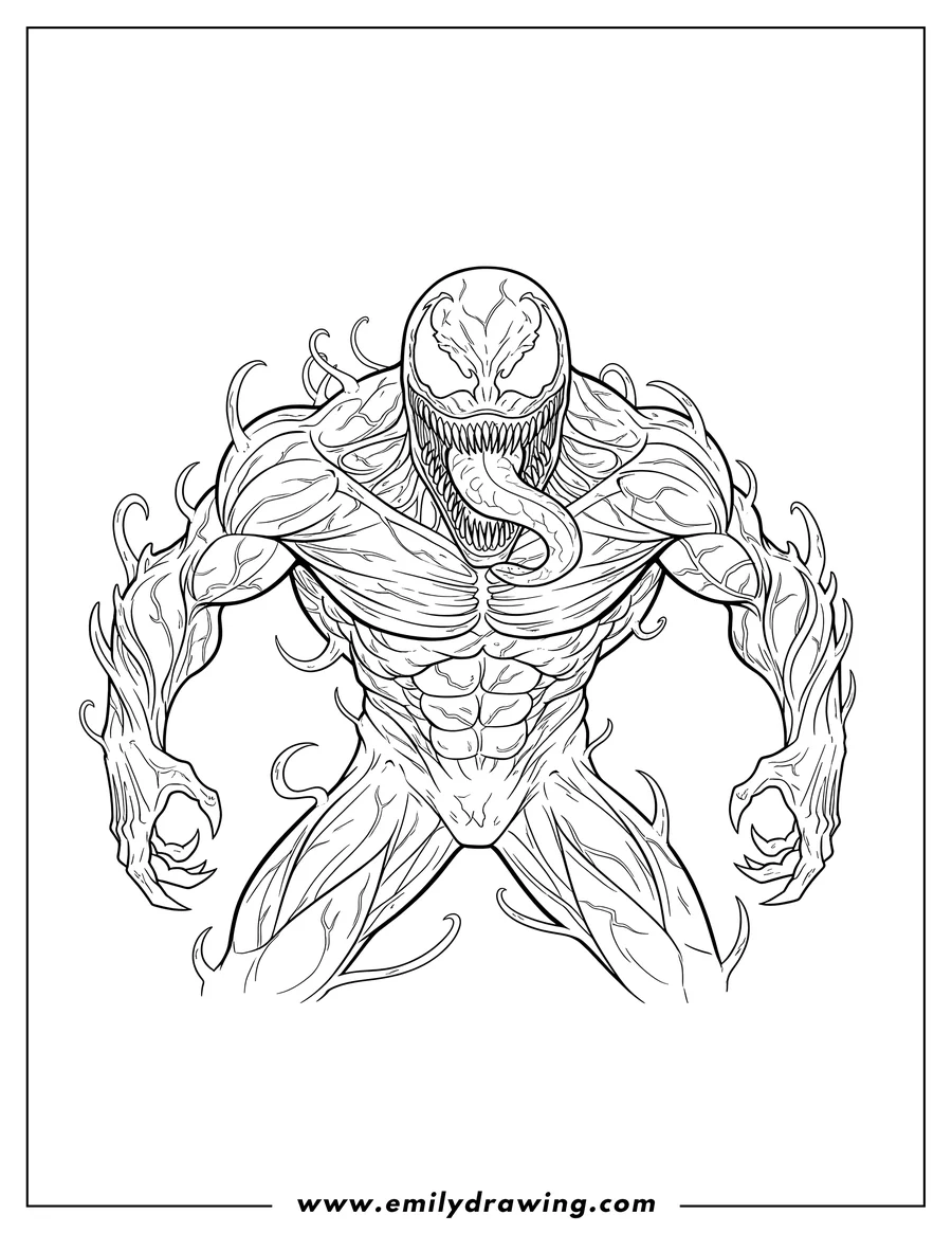 Full page coloring image of realistic Carnage With Tongue Out, with jagged teeth and a veiny symbiote body