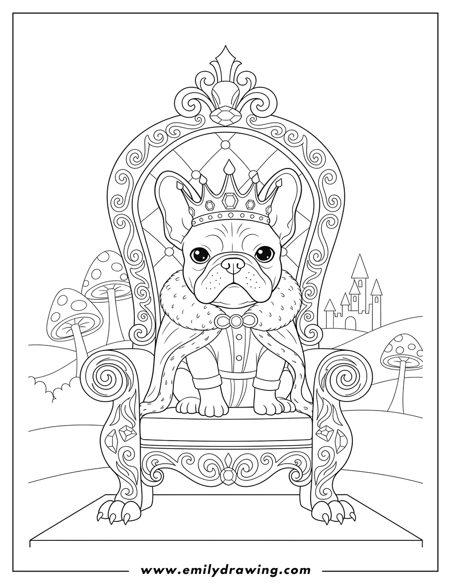 Free printable coloring sheet of cartoon French Bulldog wearing a crown, facing front, sitting on a royal throne, in a fantasy land