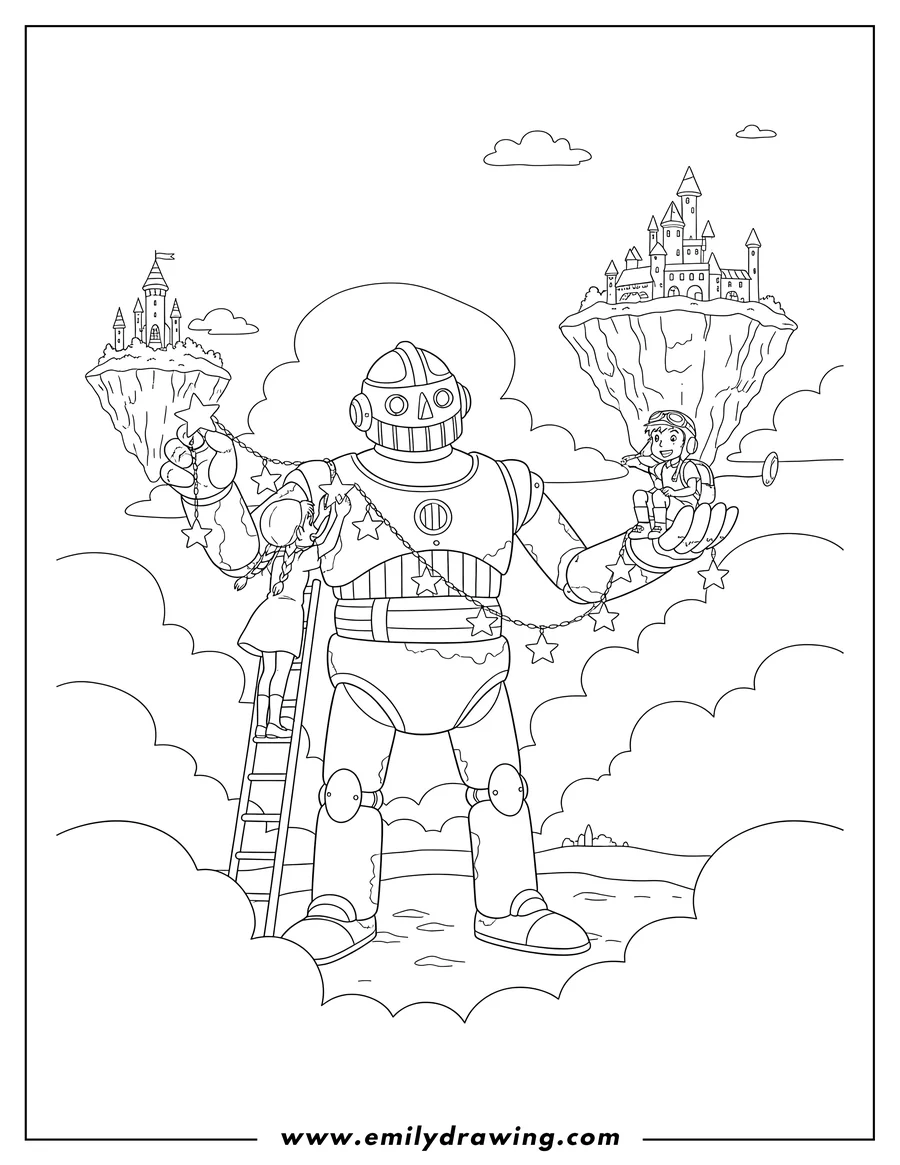PDF style coloring page: castle Sky Sheeta And Pazu With Robot, Sheeta decorating it and Pazu riding in its hand