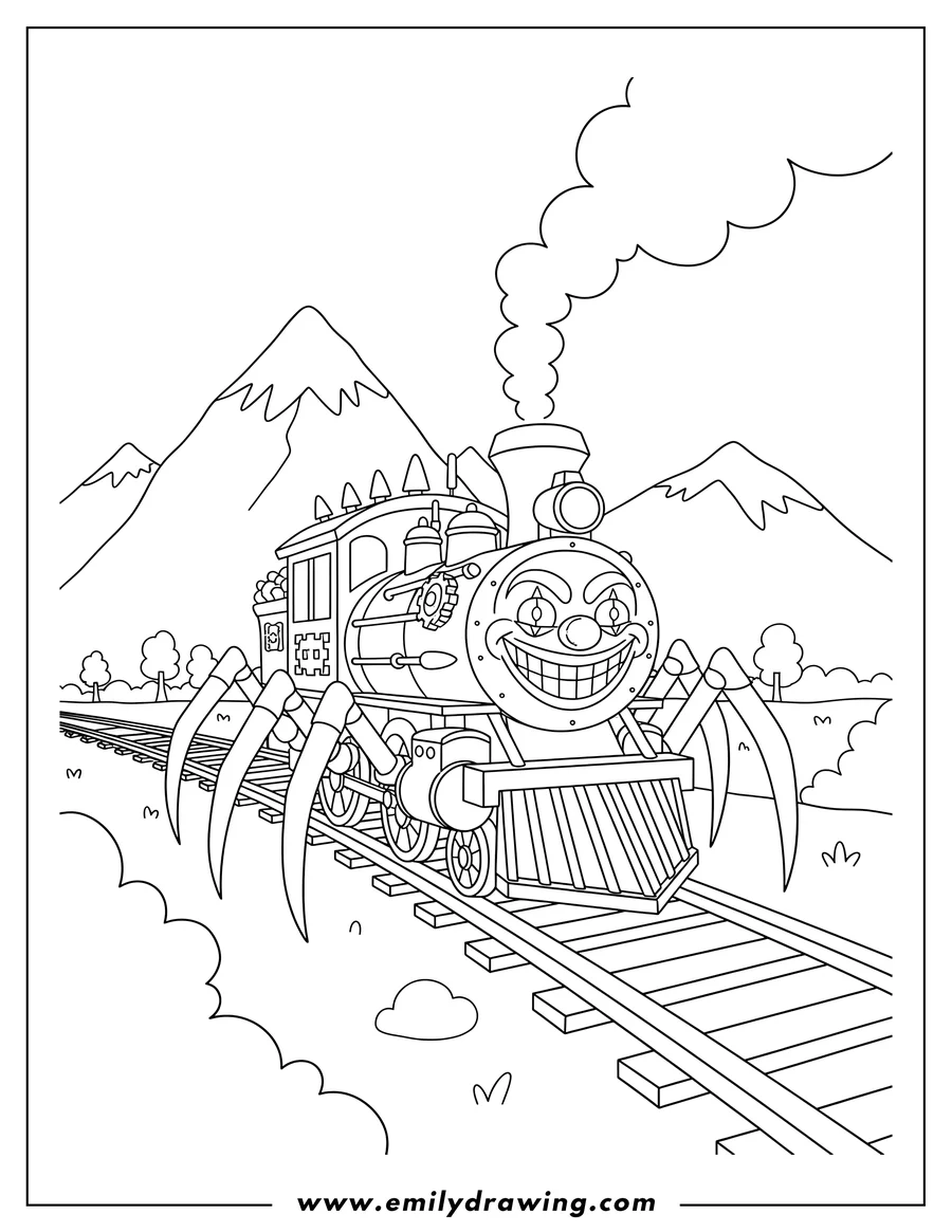 Free to print drawing of choo Choo Charles spider train on tracks in mountains