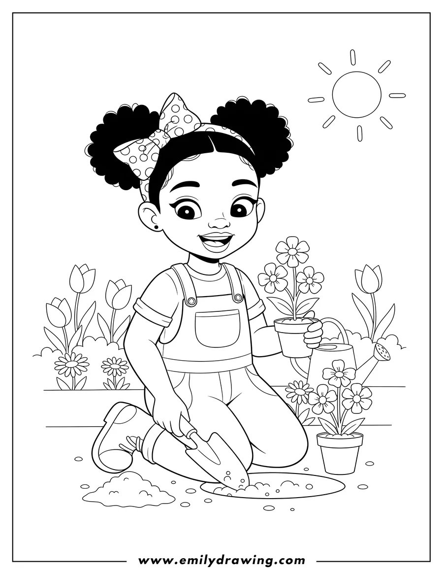 Outline drawing of cheerful Black Girl With Bow Kneeling and Planting Flowers with a Trowel
