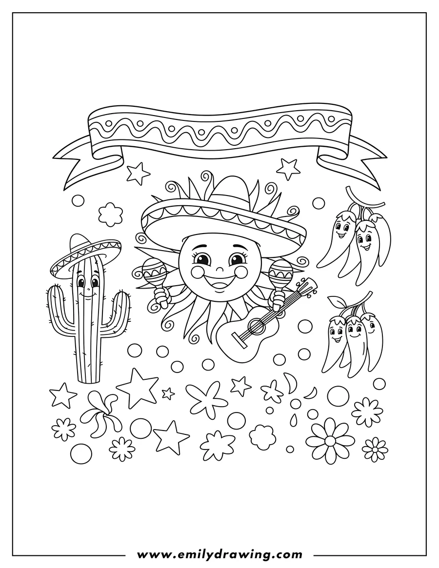 Coloring page for kids: cinco De Mayo With Maracas Guitar Banners And Cactus, chili peppers, and scattered confetti