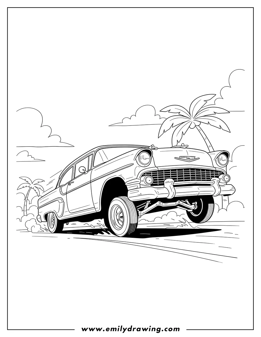 Doodle style coloring picture of realistic Chevrolet Lowrider from a front-right view, driving