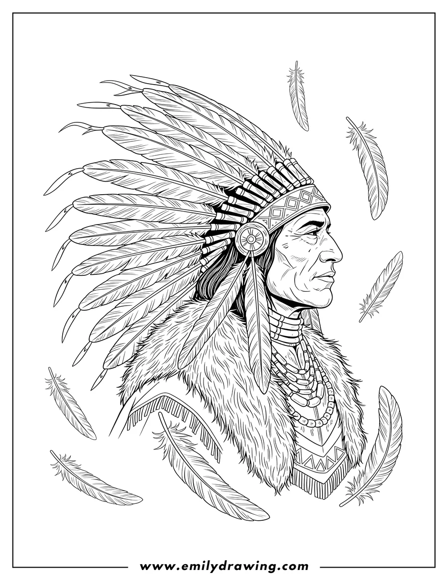 Doodle style coloring picture of realistic Native American Chief looking to the right, wearing a Traditional Feather Headdress, a detailed necklace, and a fur collar, with Falling Feathers