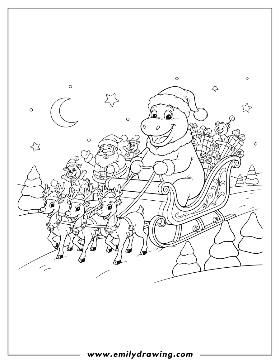 Full page coloring image of barney and friends and Santa Claus riding in a sleigh at Christmas, all wearing Santa hats
