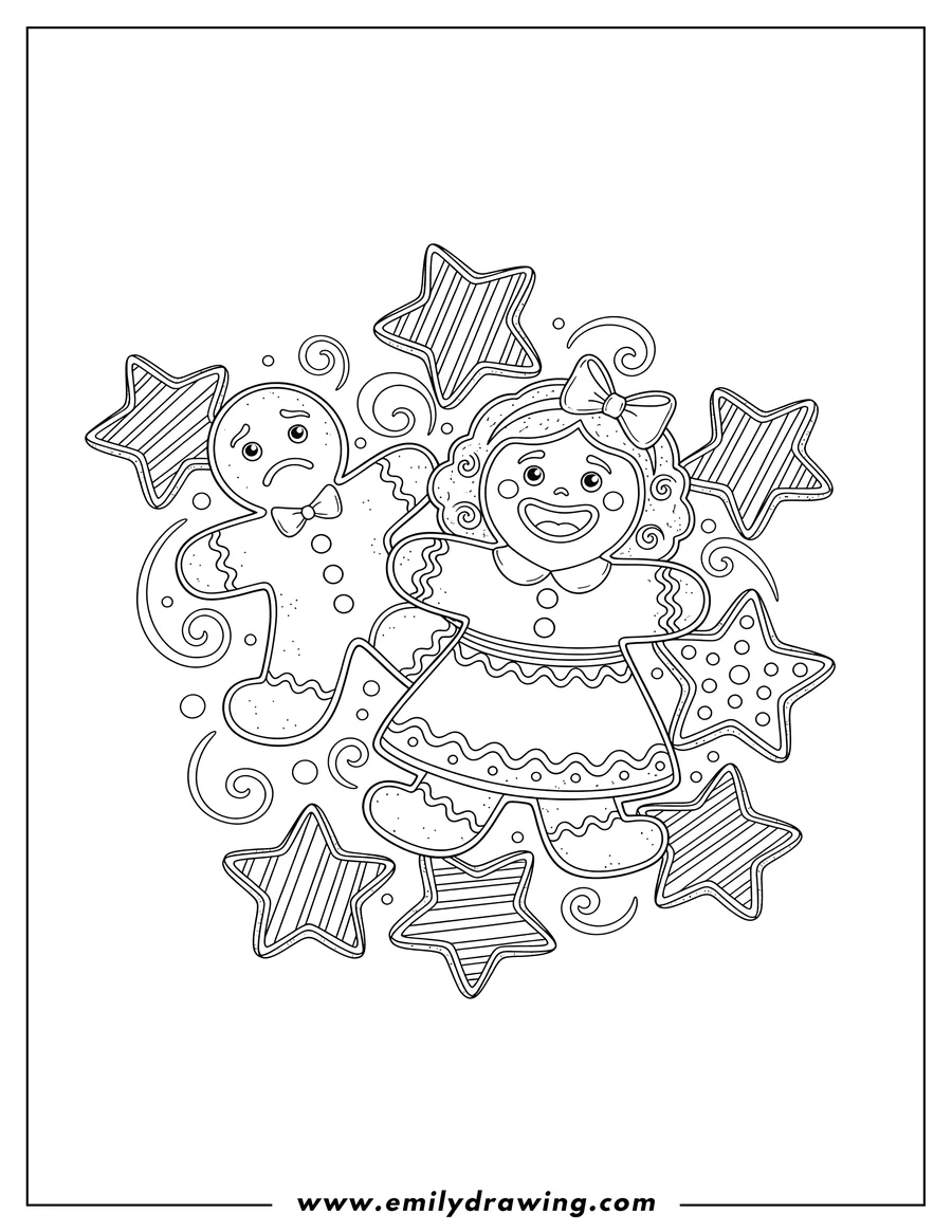Free printable coloring sheet of christmas themed gingerbread cookies, including a girl, a broken man, and decorated stars